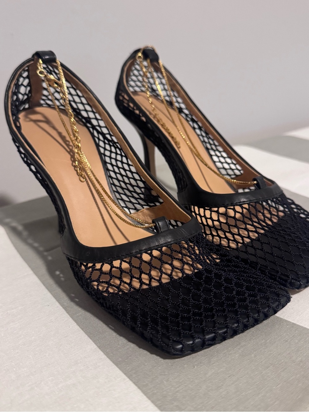 Bottega Veneta Black Mesh Sandals with Gold Chain Accent